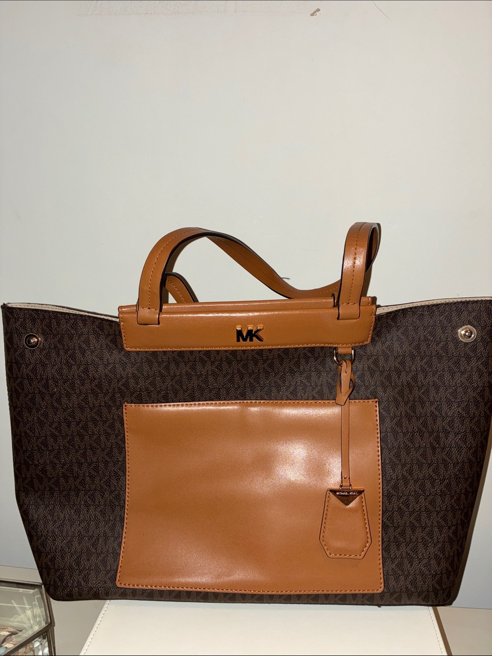Michael Kors Brown Monogram Tote with Tan Leather Trim